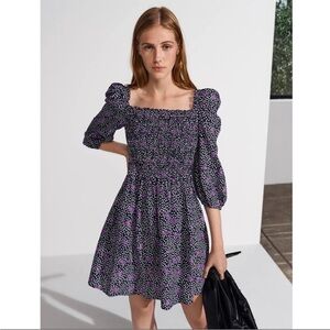 Maje Rappa Shirred Floral Crepe Mini Dress Purple Black Puff Sleeve Smocked